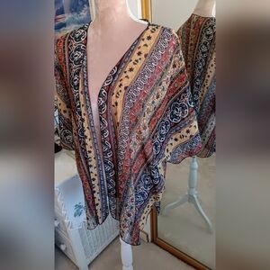 Band of Gypsies ~ Boho Patchwork Floral Kimono Cardigan, Tan/Black, L, Oversized